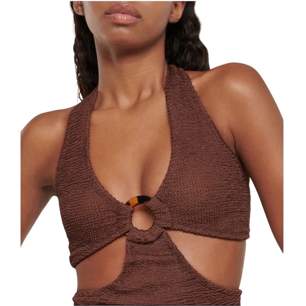 Hunza G Ursula Halter One Piece Swimsuit Brown Crinkle Cutout Monokini One Size - Picture 2 of 14